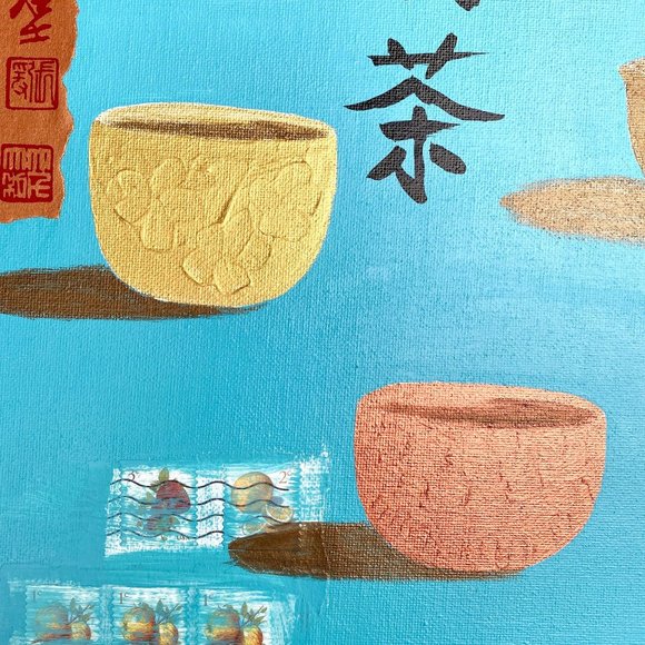 4 Cups (Drink Tea) - Original Wall Art Mixed Media Asian Fusion Painting 11"x14" - Picture 4 of 8